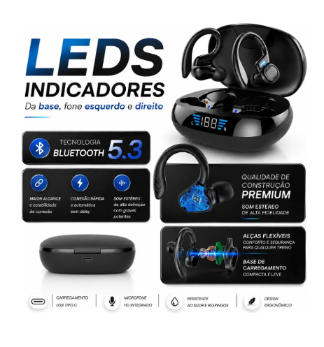 Fone de Ouvido Bluetooth 5.3 Tws Sem Fio Esportivo