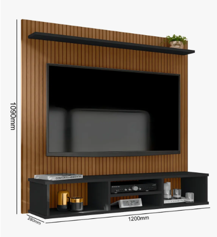 Painel TV Ripado Preto 3D com Nichos e Prateleira