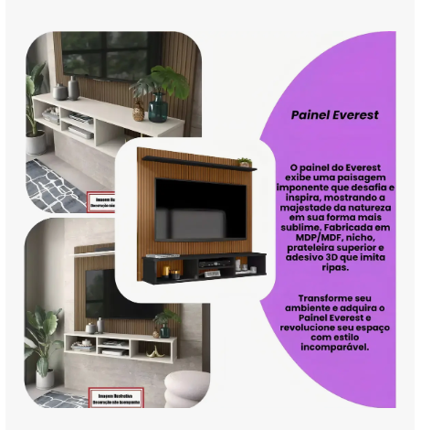 Painel TV Ripado Preto 3D com Nichos e Prateleira